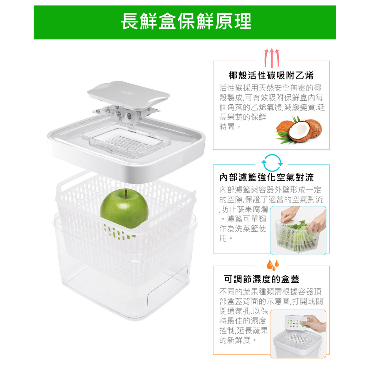 OXO 1.5L 17.5x10.2cm 美國 天然椰殼活性碳 可調濕度 蔬果保鮮盒 - 綠色【B 級商品，無保固】 OXO